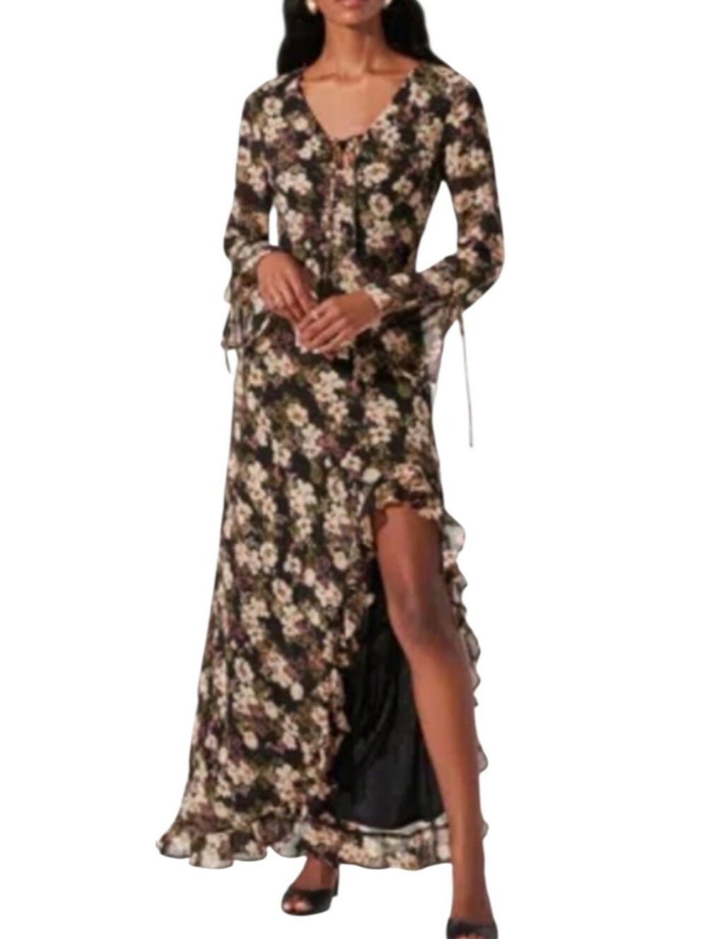 ASTR the Label Black & Tan Floral Chiffon Maxi Dress Size XS